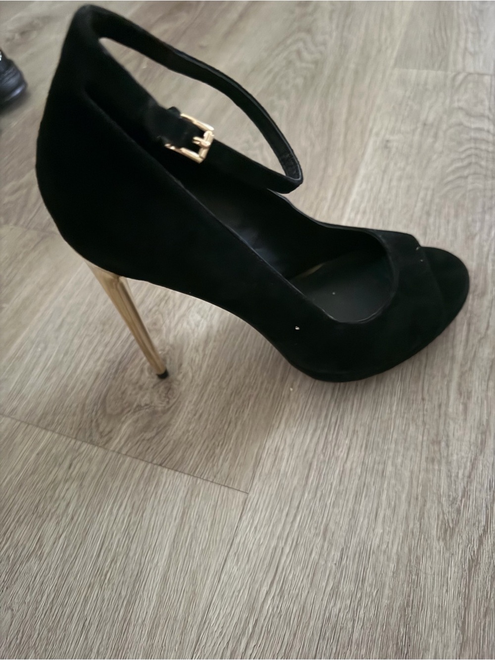 BCBGMaxAzria Black Suede Peep-Toe Ankle-Strap Heel with Gold Stiletto